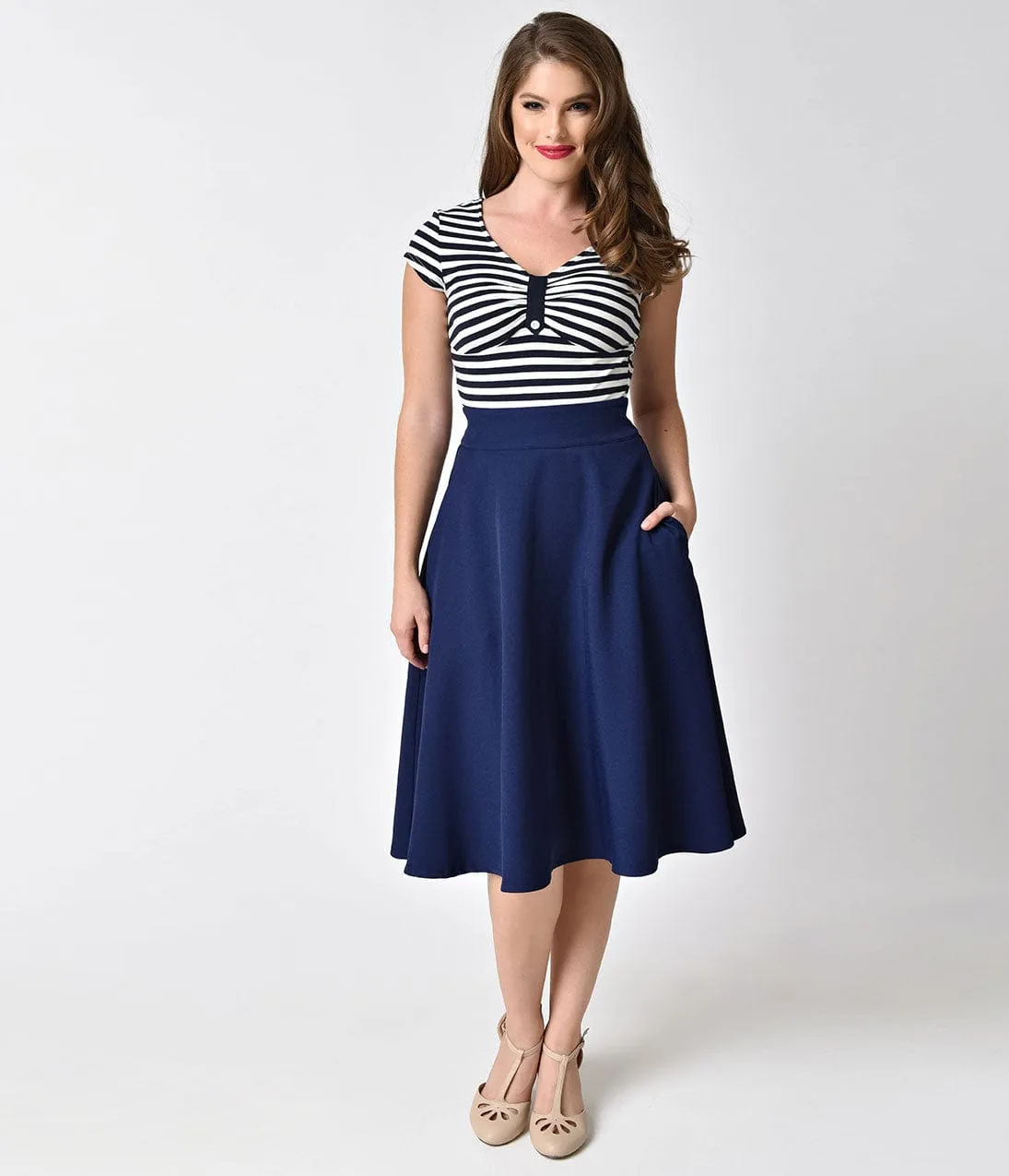 Unique Vintage Retro Style Navy Blue High Waist Vivien Swing Skirt sold by Unique Vintage product image thumbnail 3