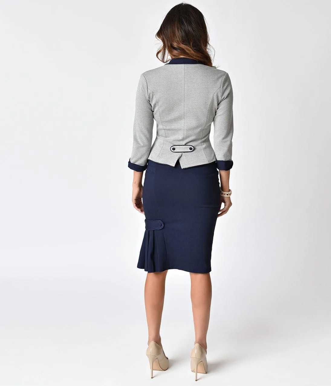 Janie Bryant For Unique Vintage 1960s Style Navy Pleated Hildy Pencil Skirt sold by Unique Vintage product image thumbnail 4