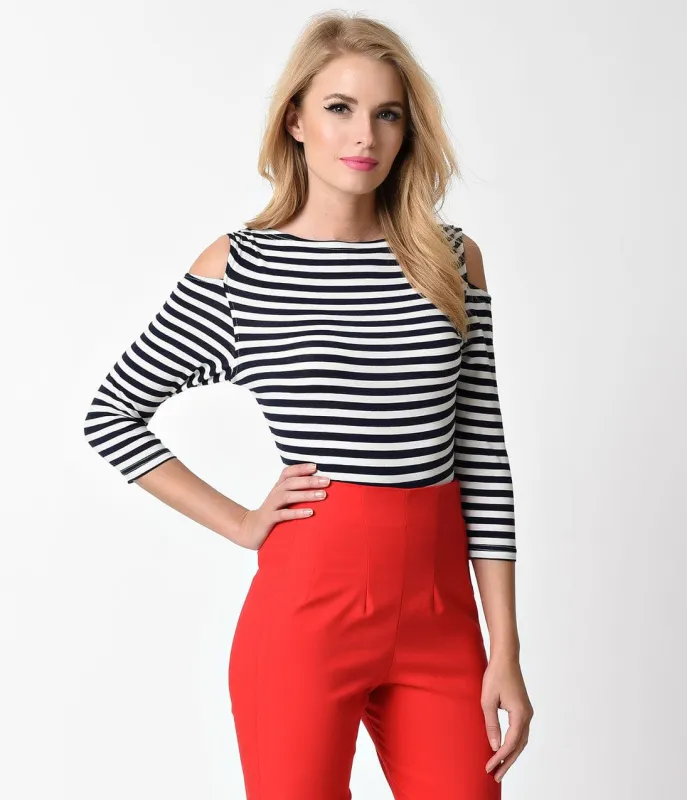 Unique Vintage Navy & White Striped Jagger Cold Shoulder Knit Top sold by Unique Vintage