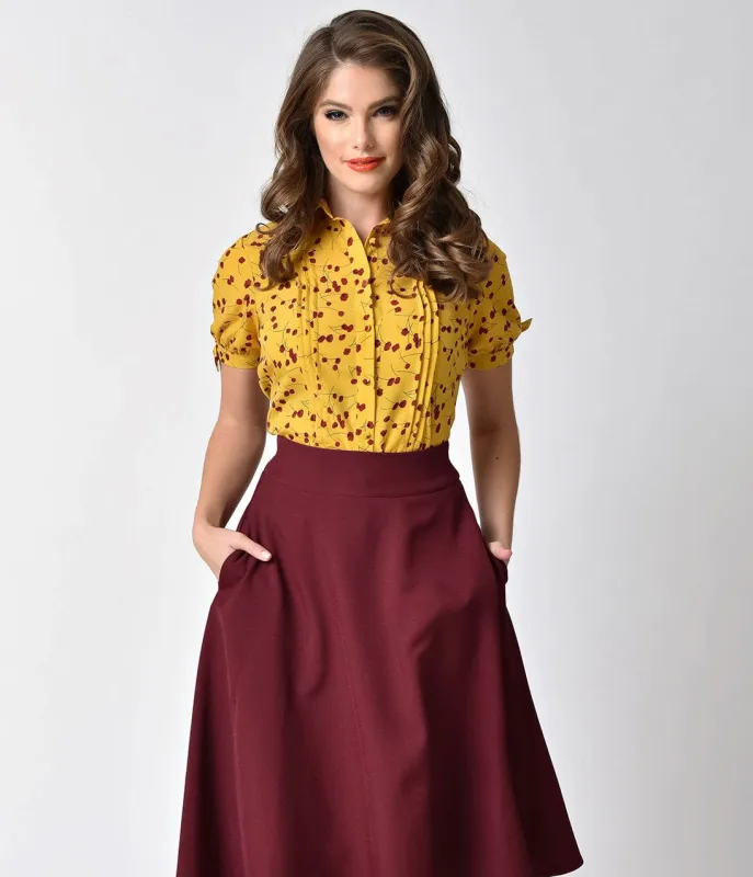 Unique Vintage Mustard Yellow & Red Floral Button Up Colvin Blouse made by Unique Vintage