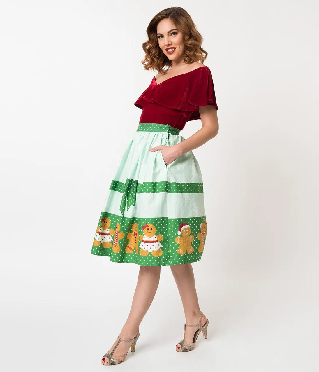 Unique Vintage 1950s Style Gingerbread Darlings High Waist Cotton Swing Skirt sold by Unique Vintage product image thumbnail 5