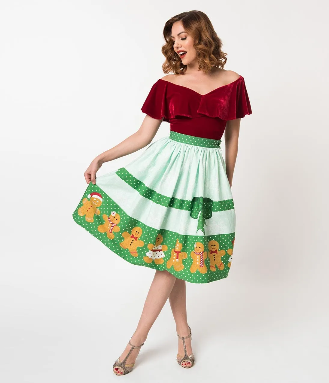 Unique Vintage 1950s Style Gingerbread Darlings High Waist Cotton Swing Skirt sold by Unique Vintage