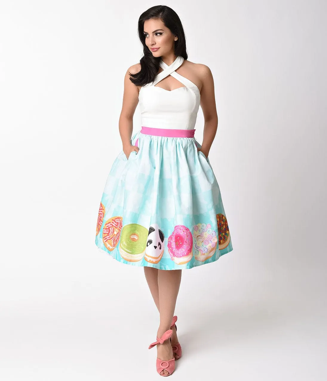 Unique Vintage 1950s Style California Donuts High Waist Swing Skirt sold by Unique Vintage