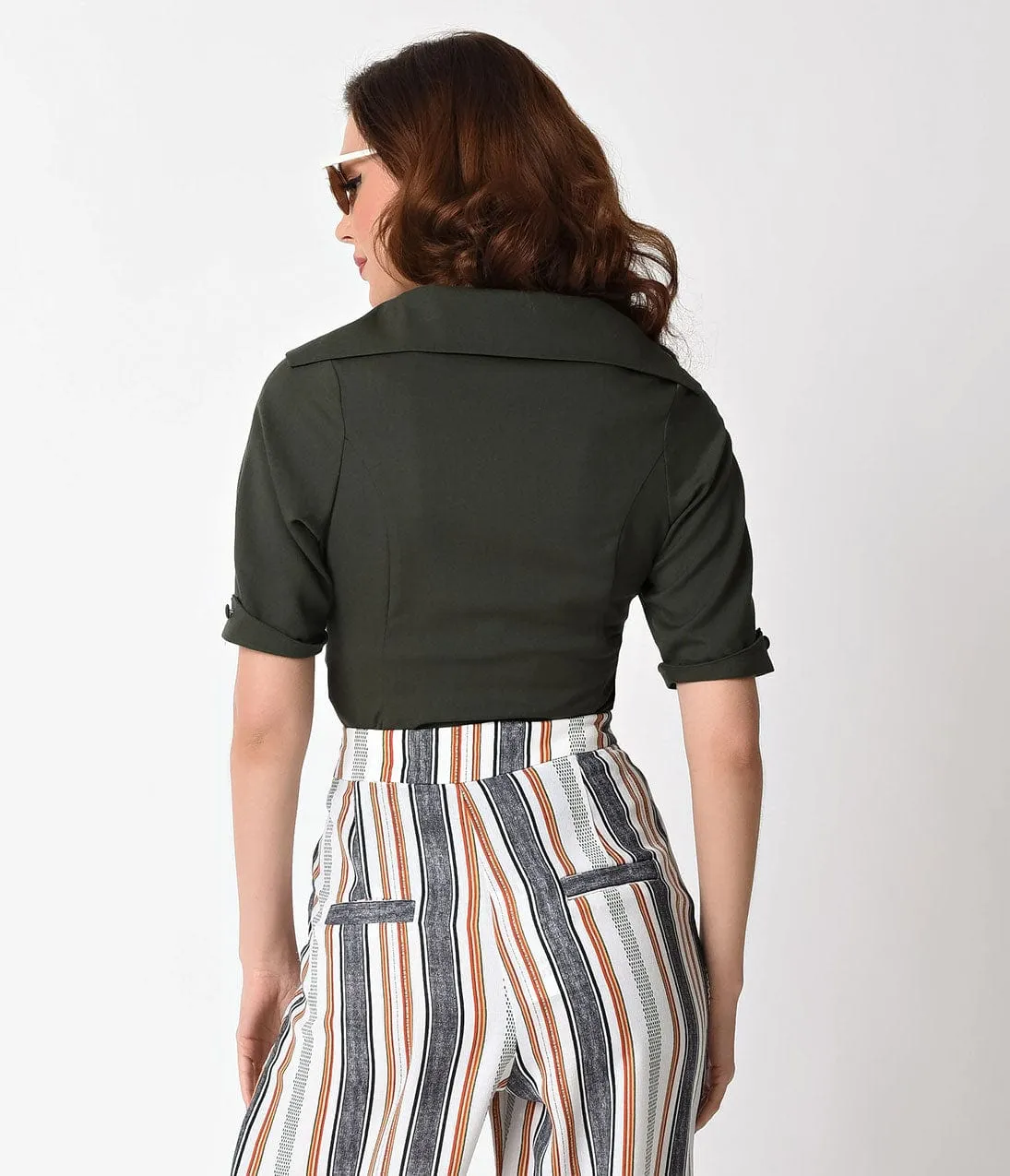 Unique Vintage 1940s Style Hunter Green Button Up Coco Blouse sold by Unique Vintage product image thumbnail 5