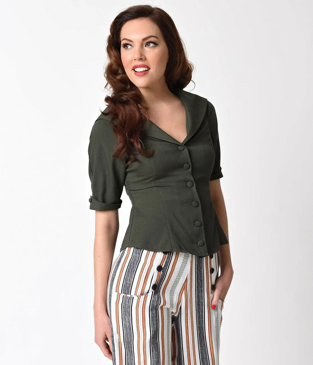 Unique Vintage 1940s Style Hunter Green Button Up Coco Blouse sold by Unique Vintage product image thumbnail 4