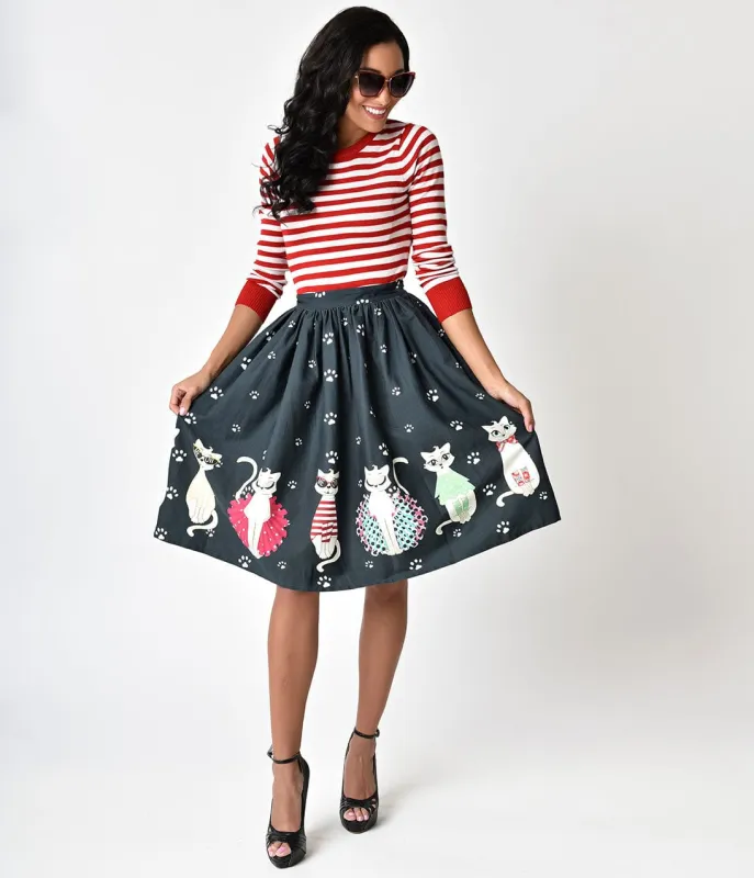 Unique Vintage 1950s Style Fashion Felines High Waist Cotton Swing Skirt made by Unique Vintage