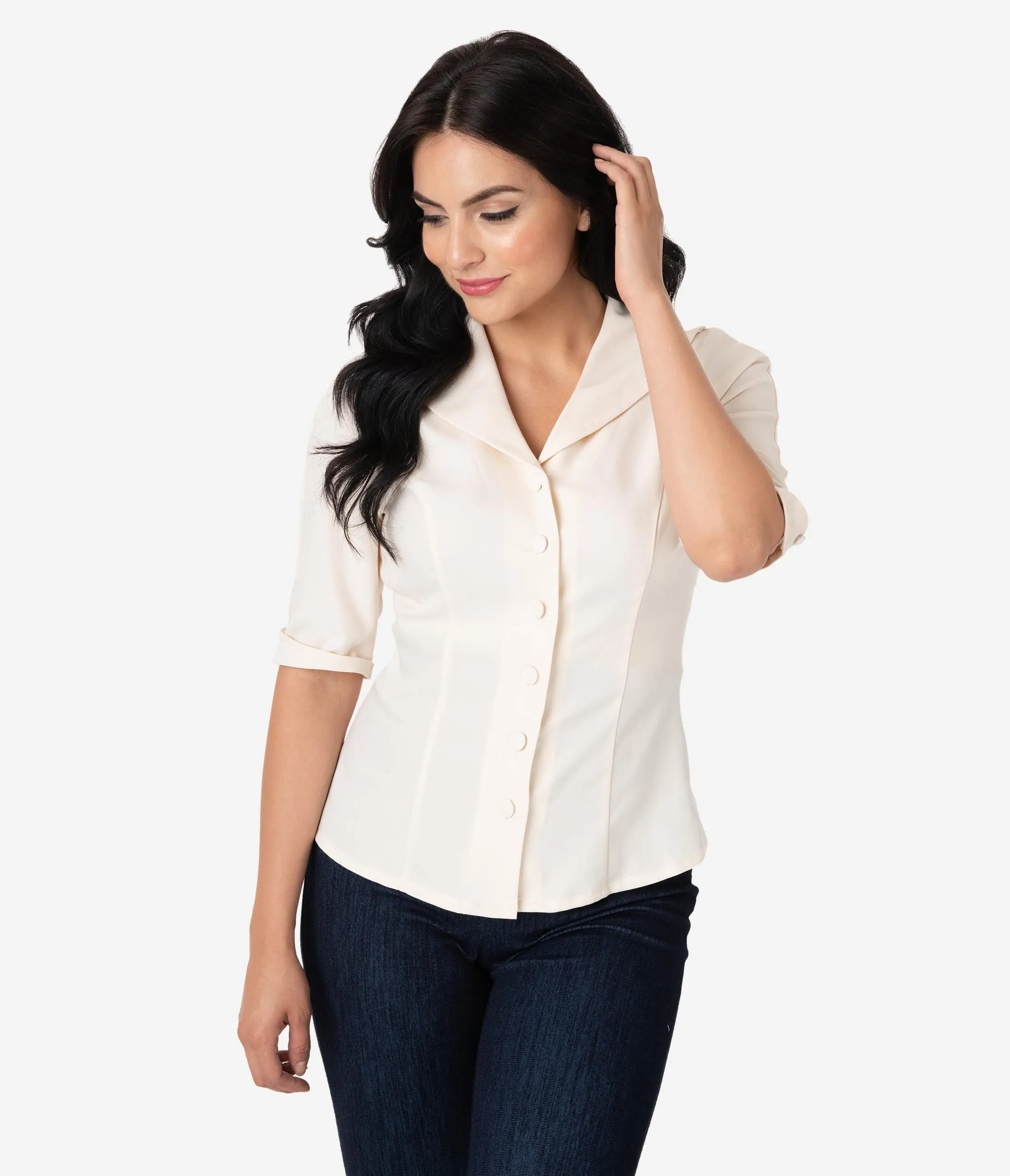 Unique Vintage 1940s Style Cream Button Up Short Sleeve Coco Top sold by Unique Vintage product image thumbnail 5