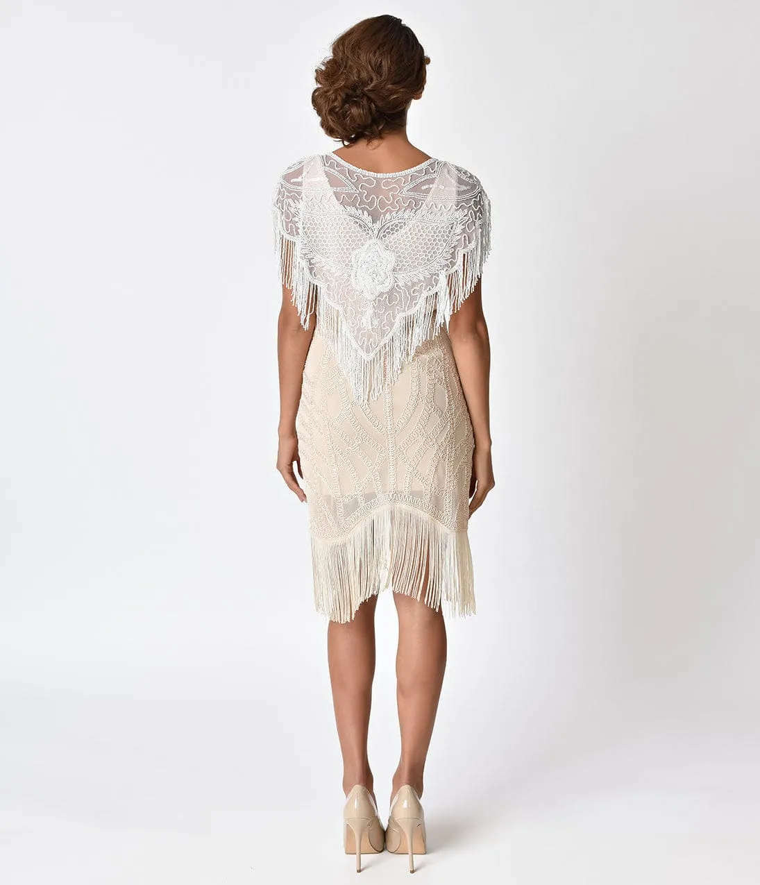 1920s White Deco Beaded Fringe Capelet Shawl sold by Unique Vintage product image thumbnail 5