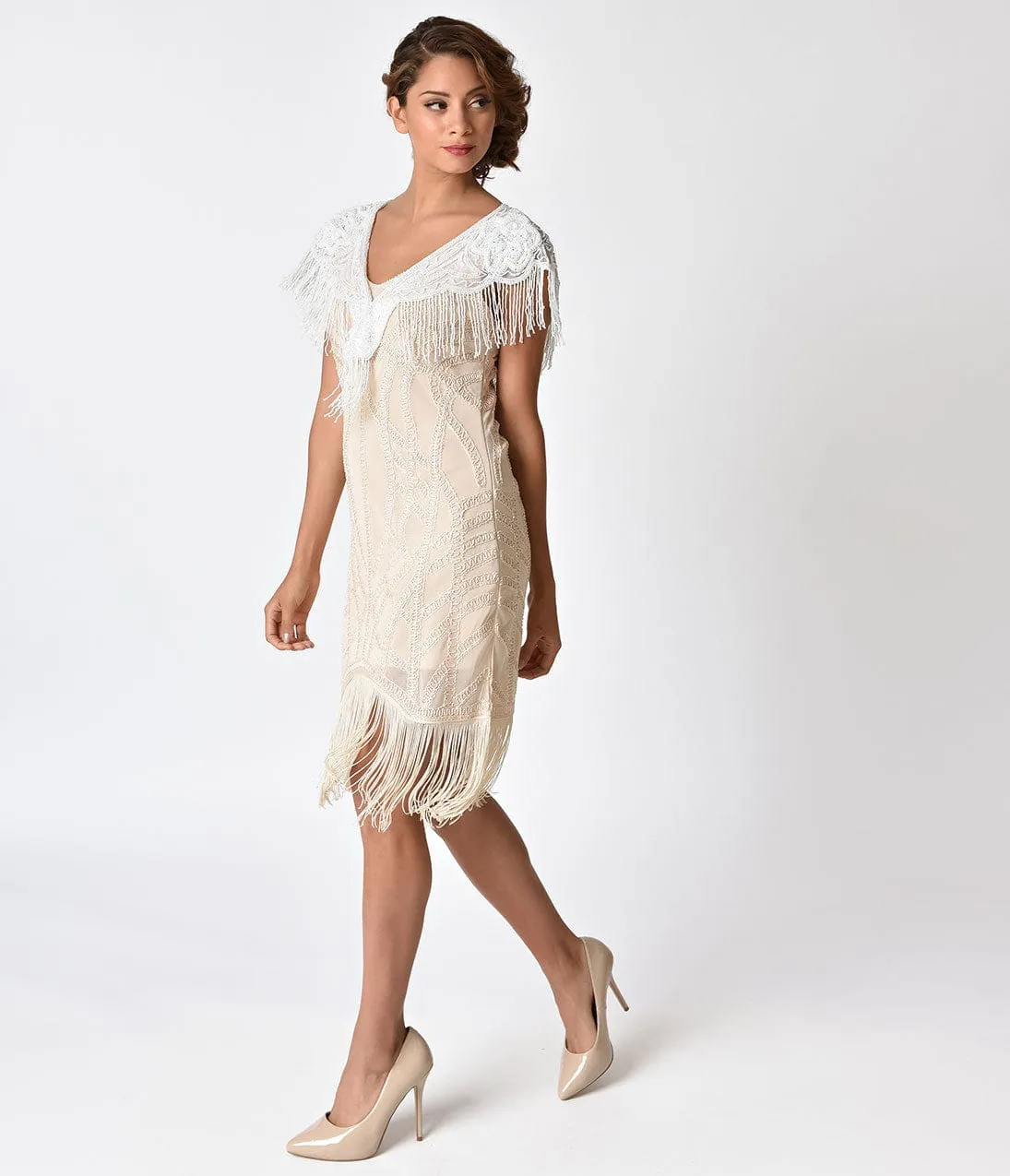 1920s White Deco Beaded Fringe Capelet Shawl sold by Unique Vintage product image thumbnail 3