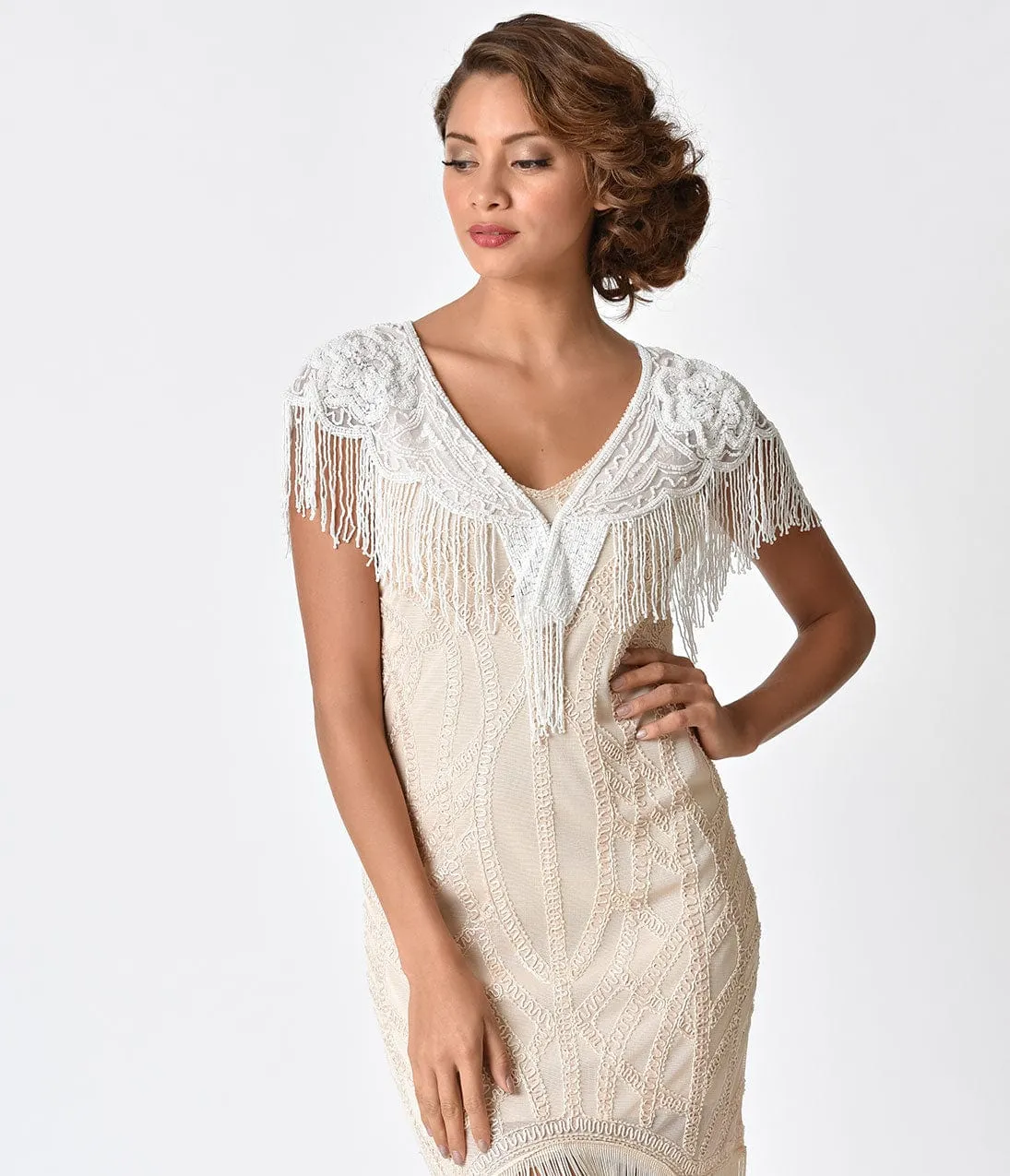 1920s White Deco Beaded Fringe Capelet Shawl sold by Unique Vintage product image thumbnail 4