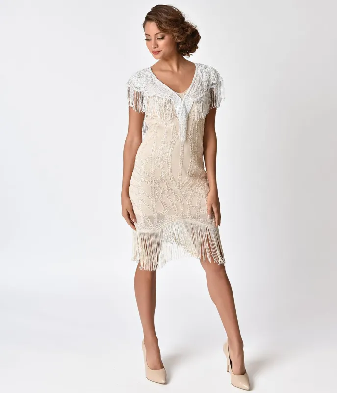 1920s White Deco Beaded Fringe Capelet Shawl made by Unique Vintage