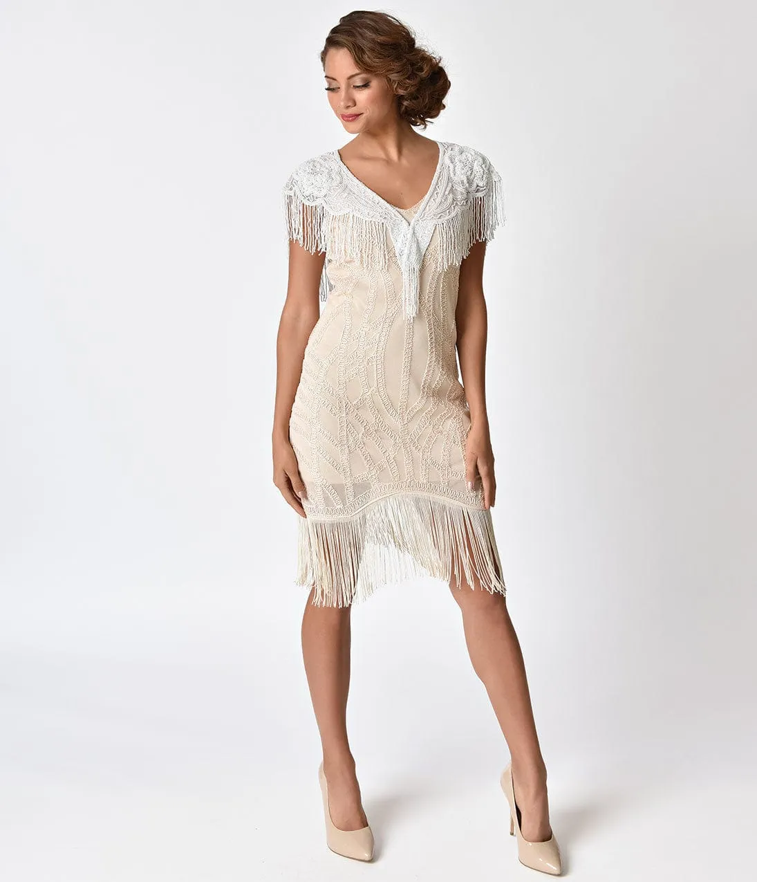 1920s White Deco Beaded Fringe Capelet Shawl sold by Unique Vintage