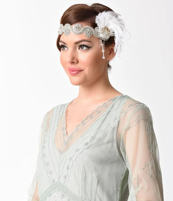 1920s Style Silver Rhinestone Swirl & White Feather Headband sold by Unique Vintage