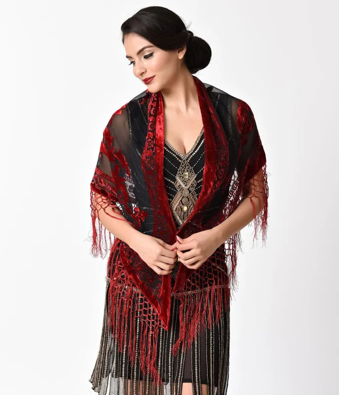 Vintage Style Red & Black Burnout Velvet Fringe Shawl made by Unique Vintage