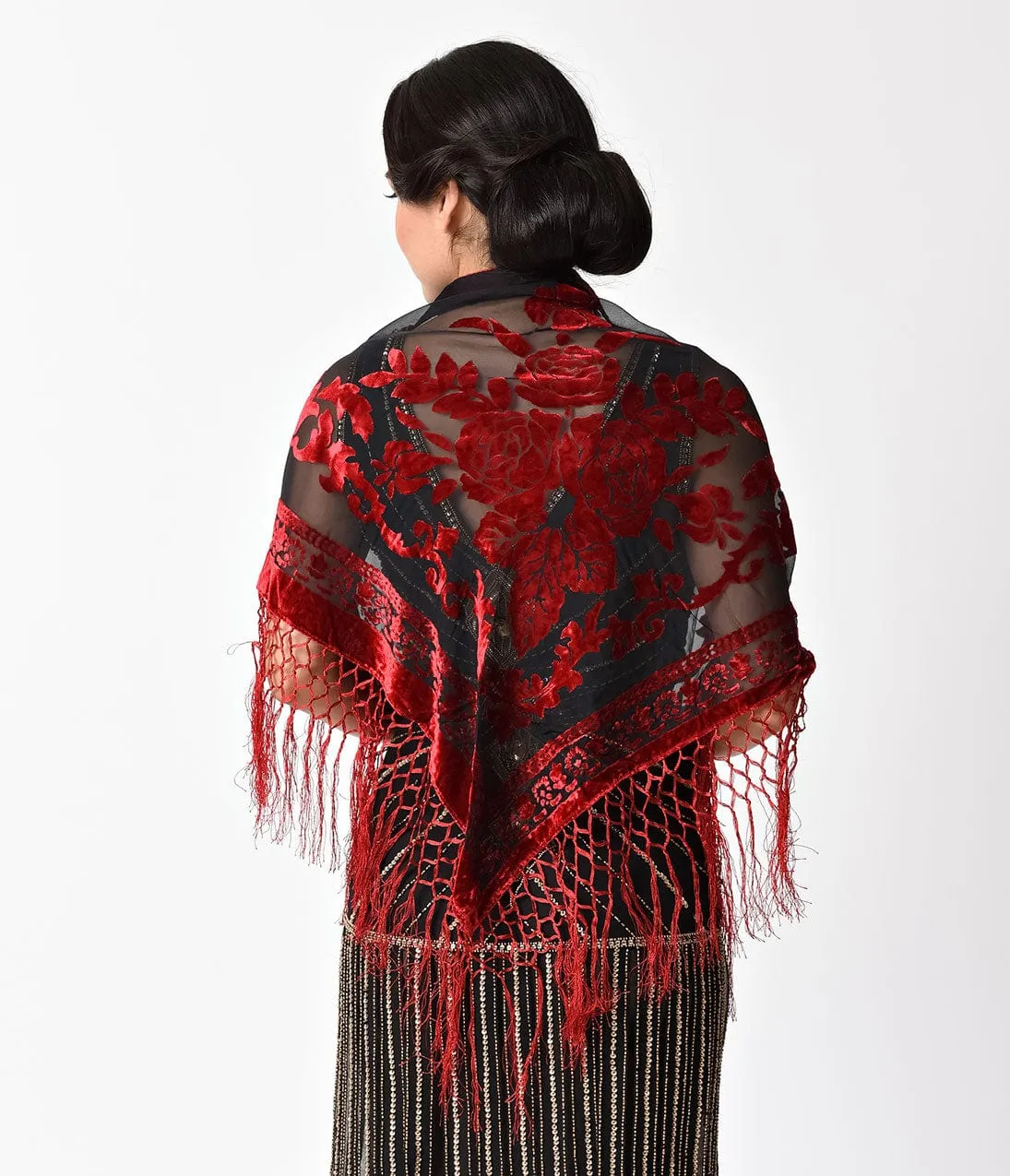 Vintage Style Red & Black Burnout Velvet Fringe Shawl sold by Unique Vintage product image thumbnail 2