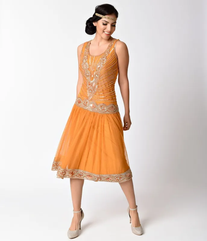 1920s Gold Orange Sequin & Beaded Embellished Sleeveless Flapper Dress made by Unique Vintage