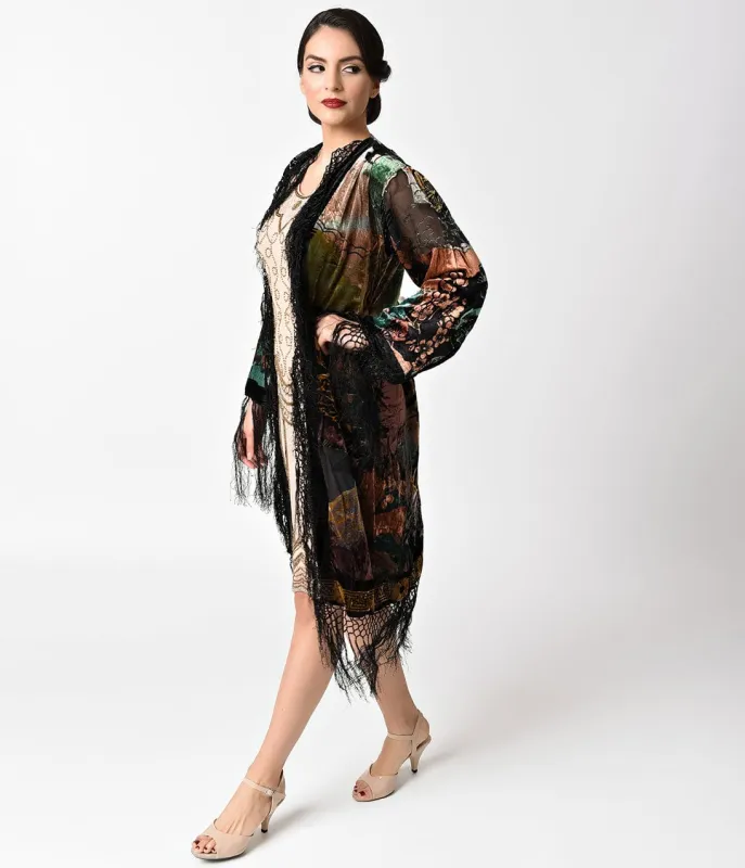 Vintage Style Multicolor Tiger Print Velvet Burnout Long Jacket made by Unique Vintage