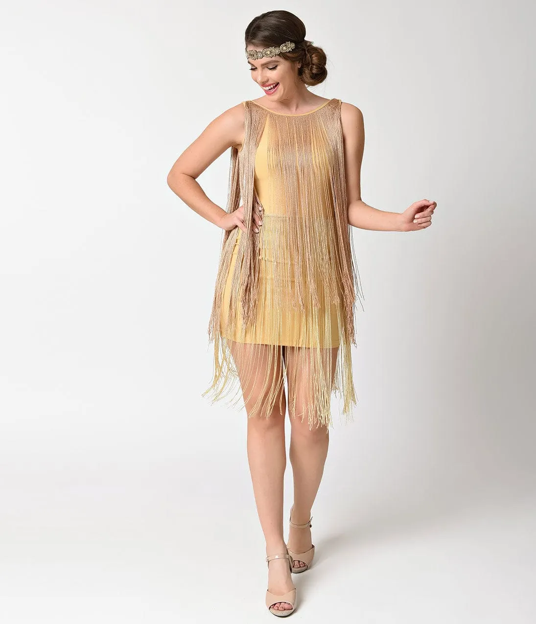 Vintage Style 1920s Gold Tiered Fringe Short Flapper Dress sold by Unique Vintage product image thumbnail 3