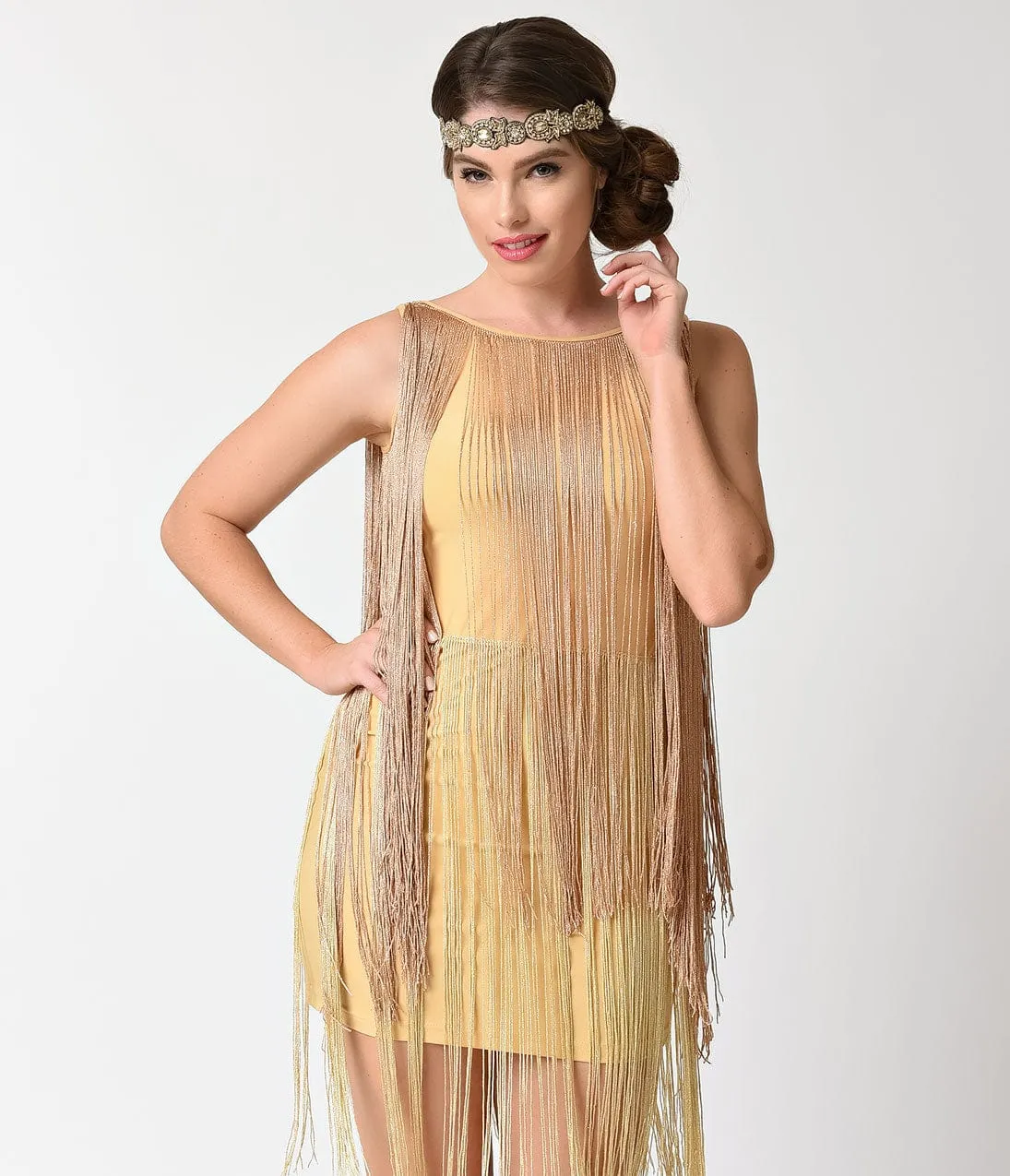 Vintage Style 1920s Gold Tiered Fringe Short Flapper Dress sold by Unique Vintage product image thumbnail 4