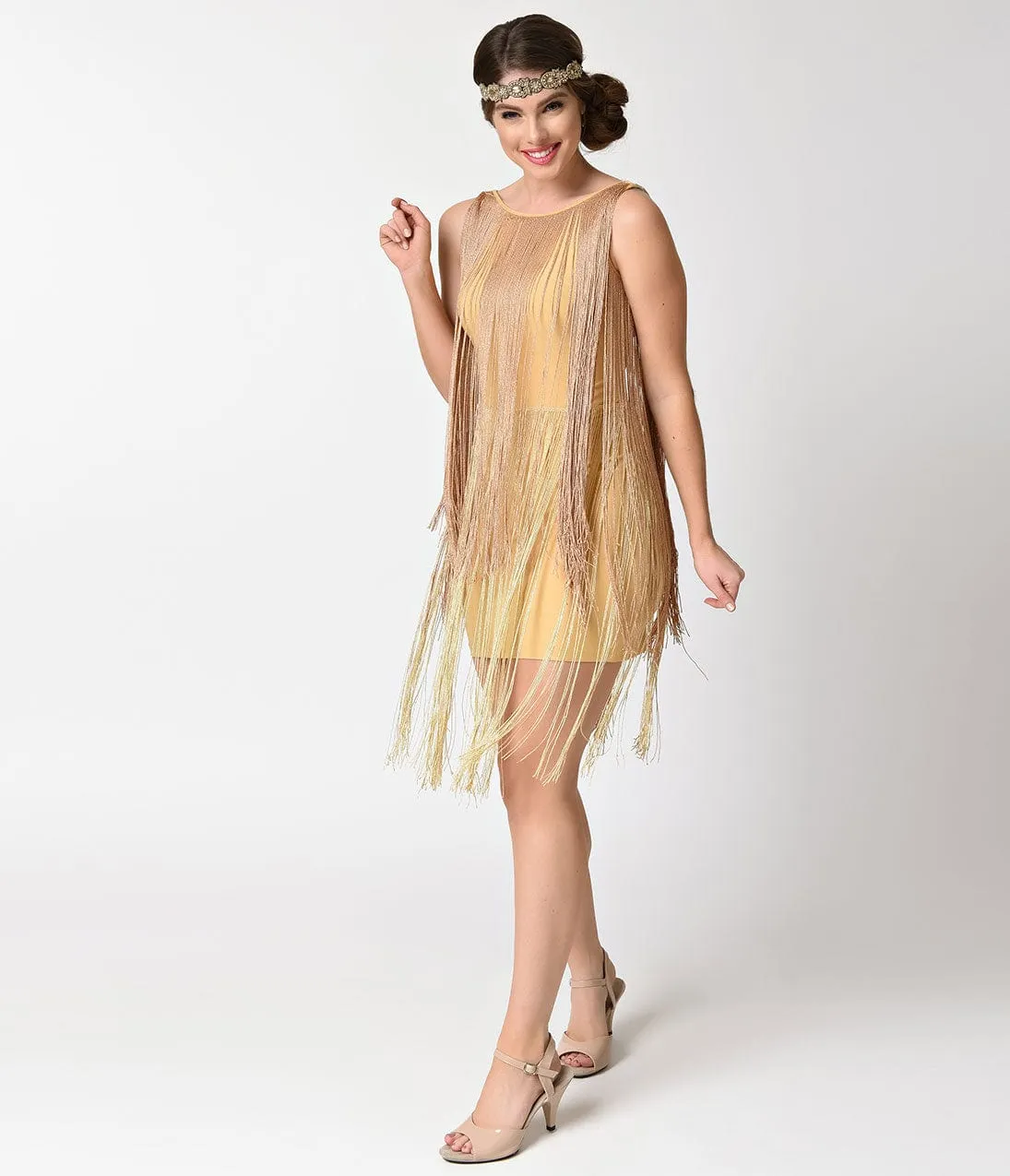 Vintage Style 1920s Gold Tiered Fringe Short Flapper Dress sold by Unique Vintage