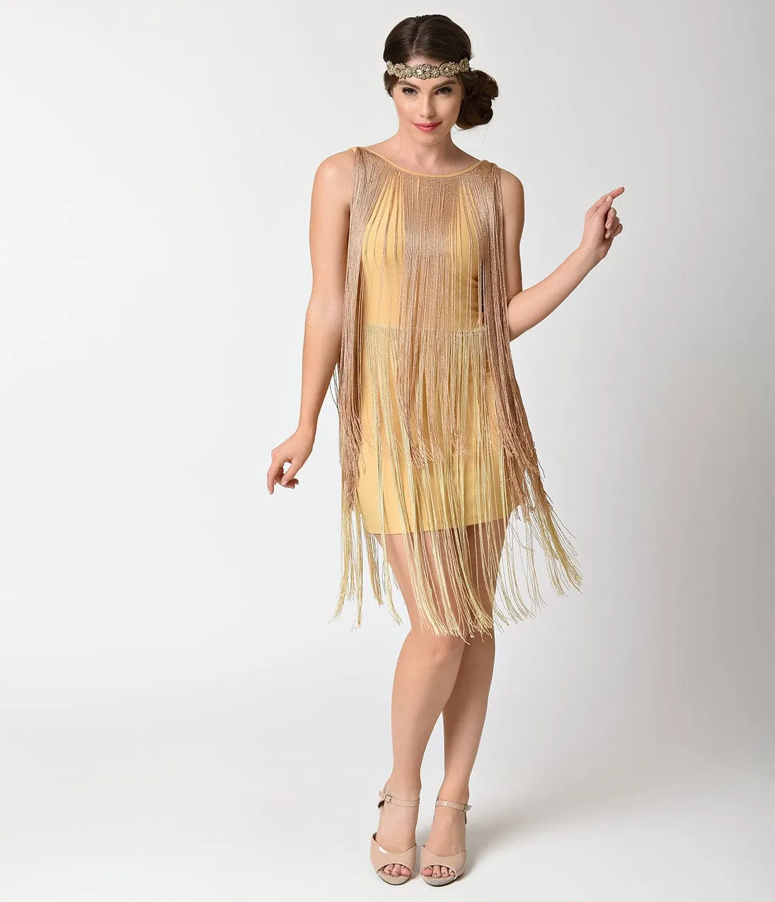 Vintage Style 1920s Gold Tiered Fringe Short Flapper Dress sold by Unique Vintage product image thumbnail 5