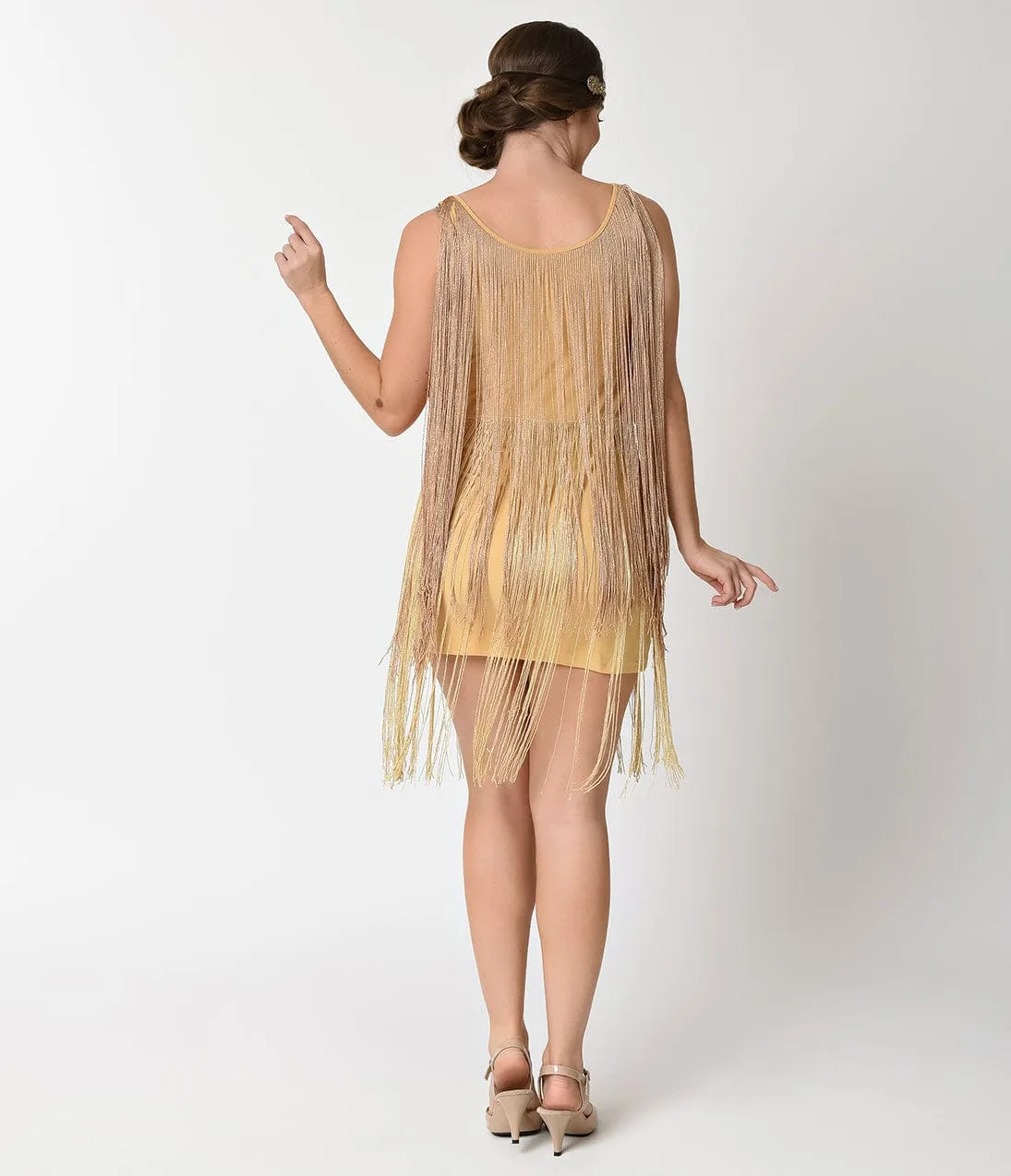 Vintage Style 1920s Gold Tiered Fringe Short Flapper Dress sold by Unique Vintage product image thumbnail 2