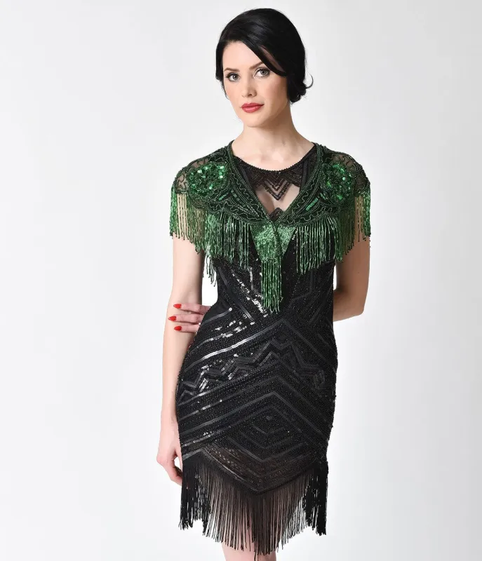 1920s Emerald Green Deco Beaded Fringe Capelet Shawl made by Unique Vintage