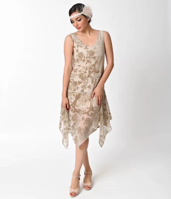 1920s Style Champagne Burnout Velvet Flapper Dress sold by Unique Vintage