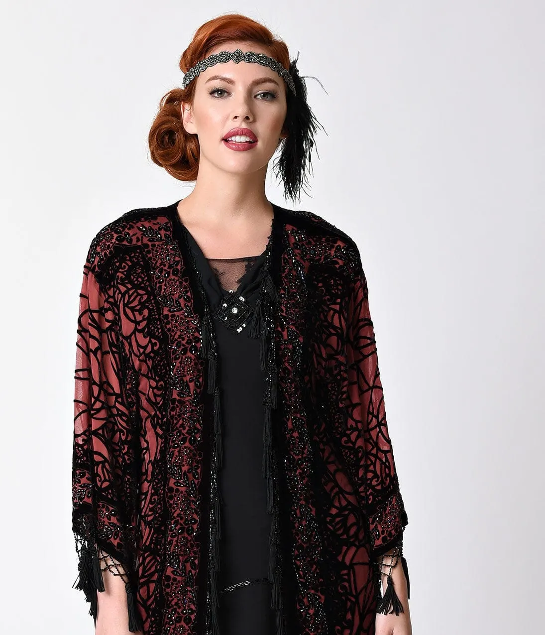 1920s Style Burgundy & Black Sheer Beaded Scarf Coat sold by Unique Vintage product image thumbnail 4