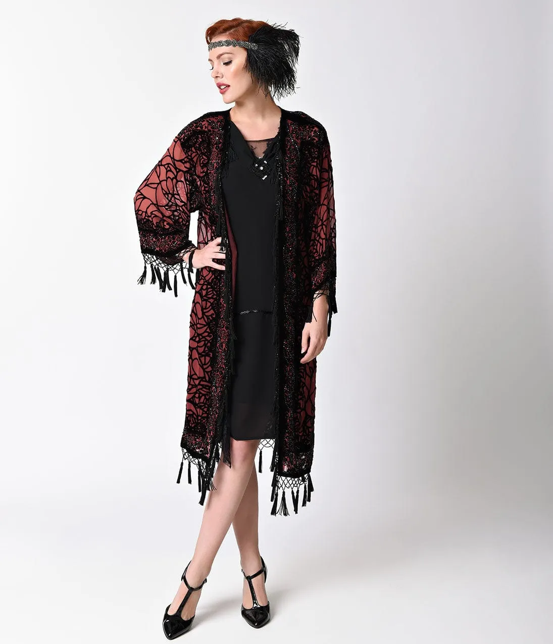 1920s Style Burgundy & Black Sheer Beaded Scarf Coat sold by Unique Vintage