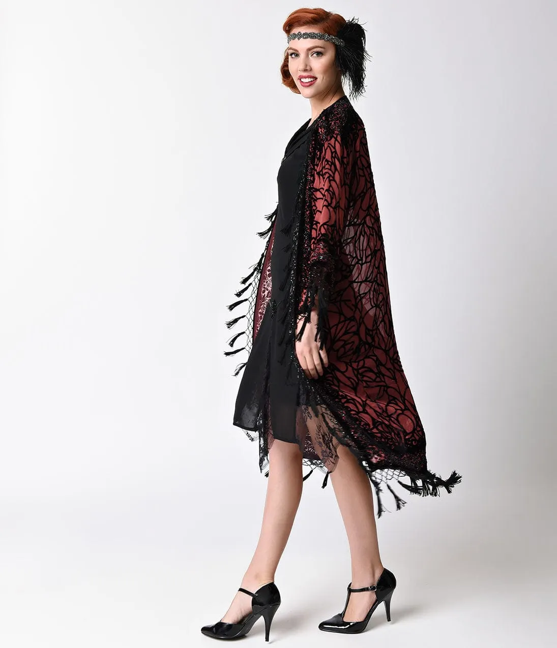 1920s Style Burgundy & Black Sheer Beaded Scarf Coat sold by Unique Vintage product image thumbnail 5