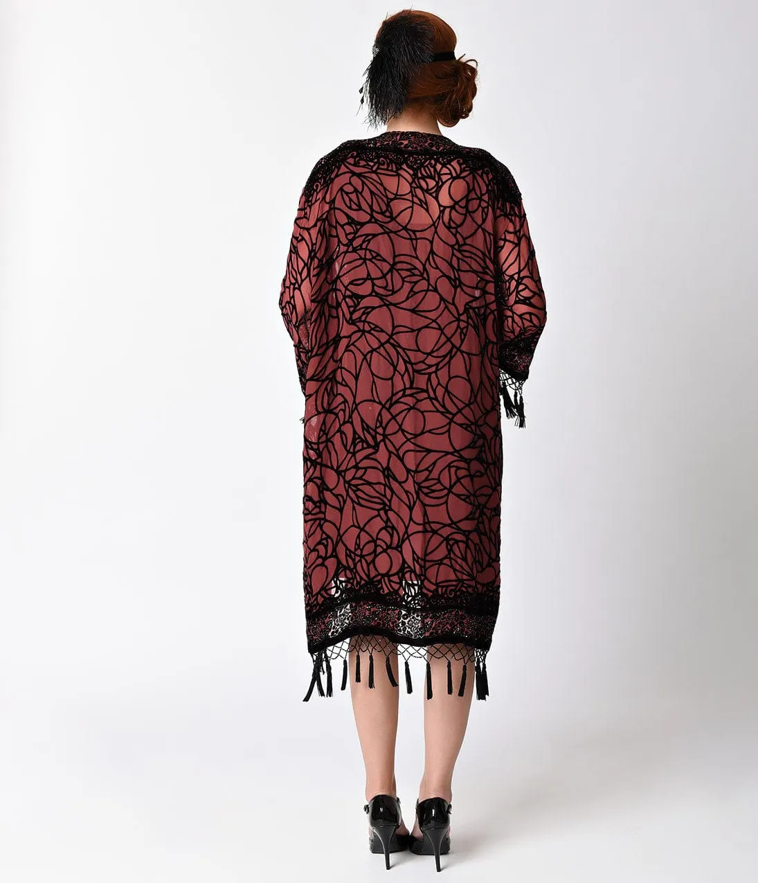 1920s Style Burgundy & Black Sheer Beaded Scarf Coat sold by Unique Vintage product image thumbnail 2