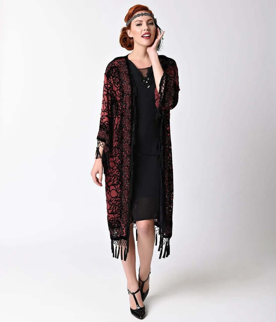 1920s Style Burgundy & Black Sheer Beaded Scarf Coat sold by Unique Vintage product image thumbnail 3