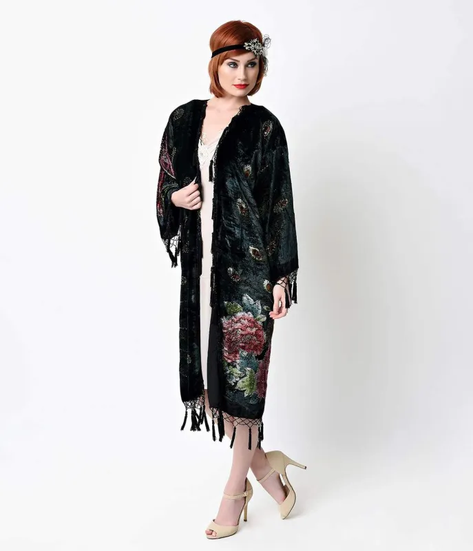 Vintage Style Black Peacock Beaded Velvet Scarf Coat sold by Unique Vintage