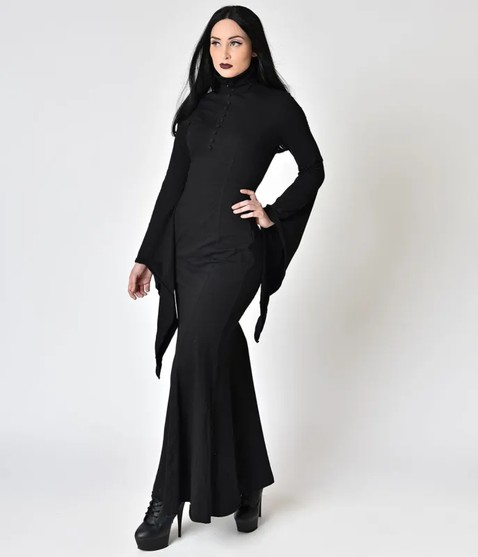 Black Cotton High Collar Long Sleeve Wiggle Dress sold by Unique Vintage