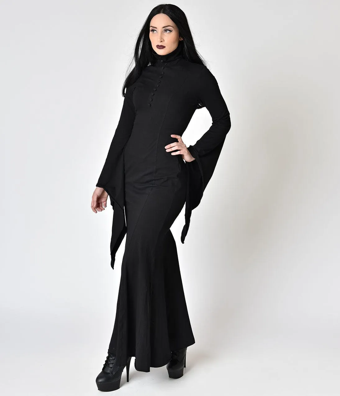 Black Cotton High Collar Long Sleeve Wiggle Dress sold by Unique Vintage
