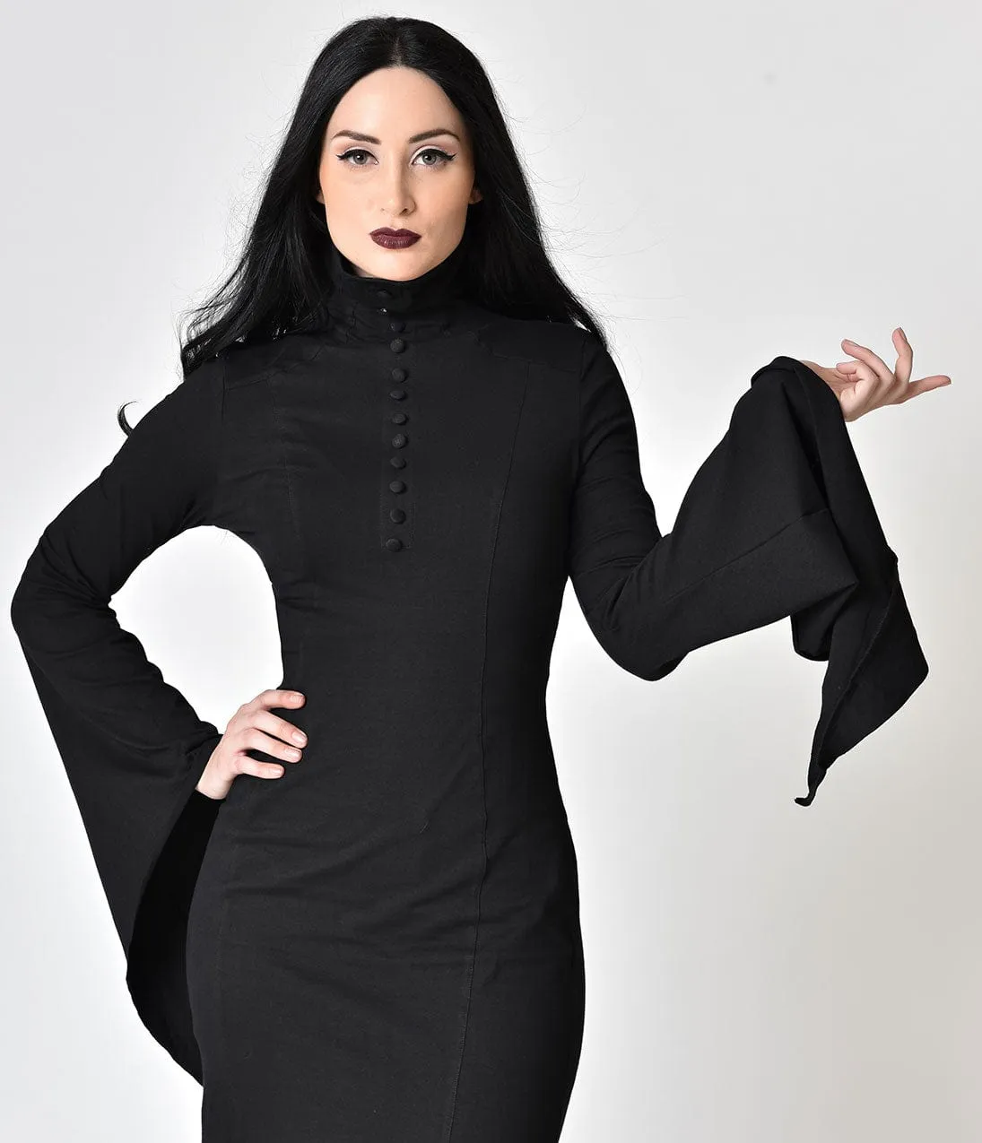 Black Cotton High Collar Long Sleeve Wiggle Dress sold by Unique Vintage product image thumbnail 5