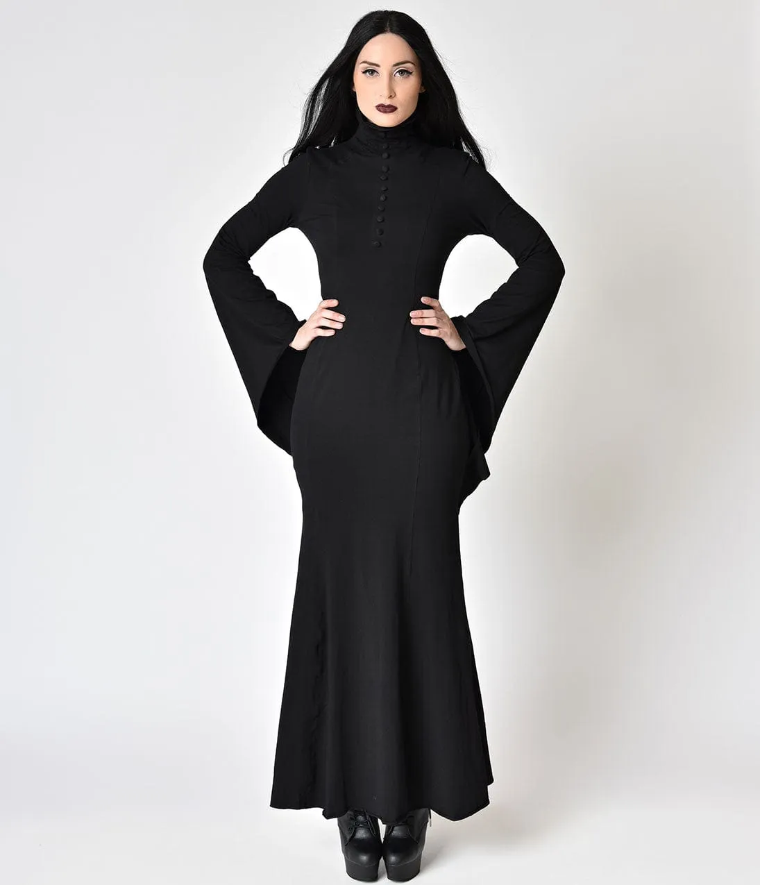 Black Cotton High Collar Long Sleeve Wiggle Dress sold by Unique Vintage product image thumbnail 3