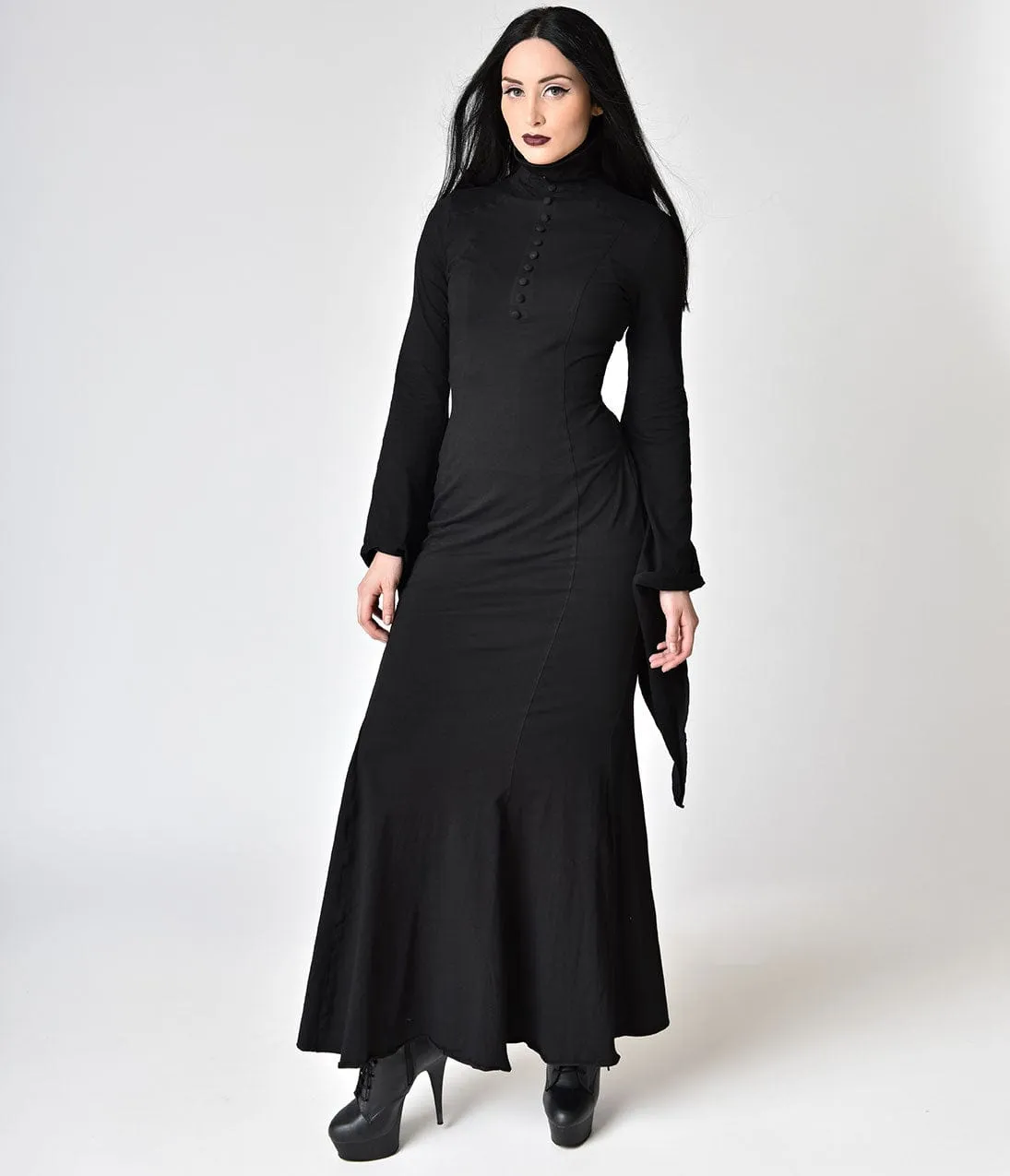Black Cotton High Collar Long Sleeve Wiggle Dress sold by Unique Vintage product image thumbnail 4