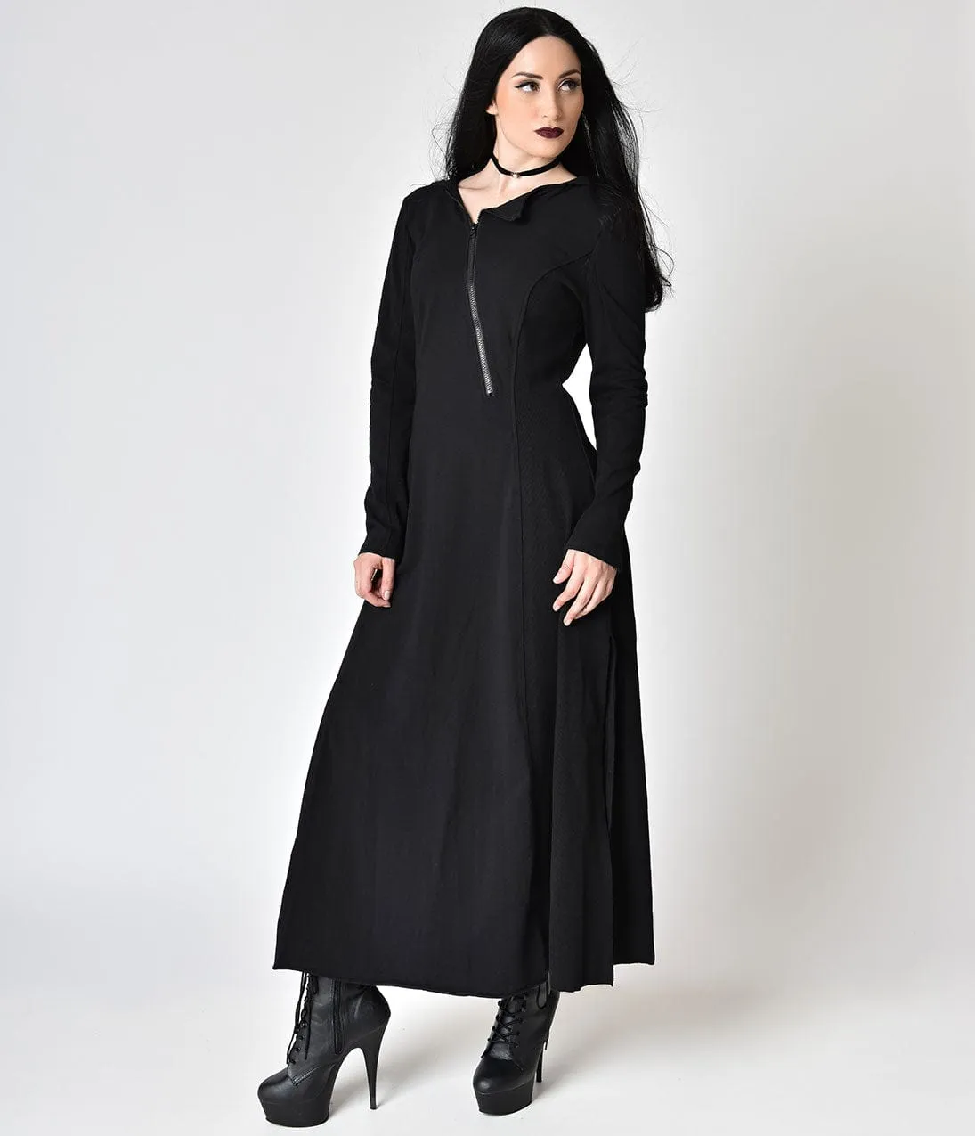 Black Hooded Long Sleeve Cotton Cutout Back Long Jacket sold by Unique Vintage
