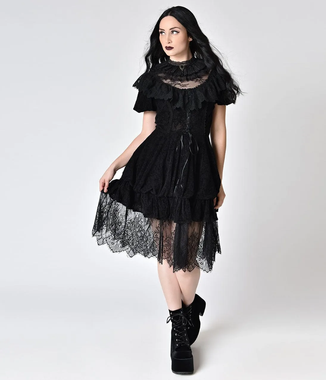 Victorian Style Black Lace & Velvet High Collar Short Sleeve Dress sold by Unique Vintage product image thumbnail 3