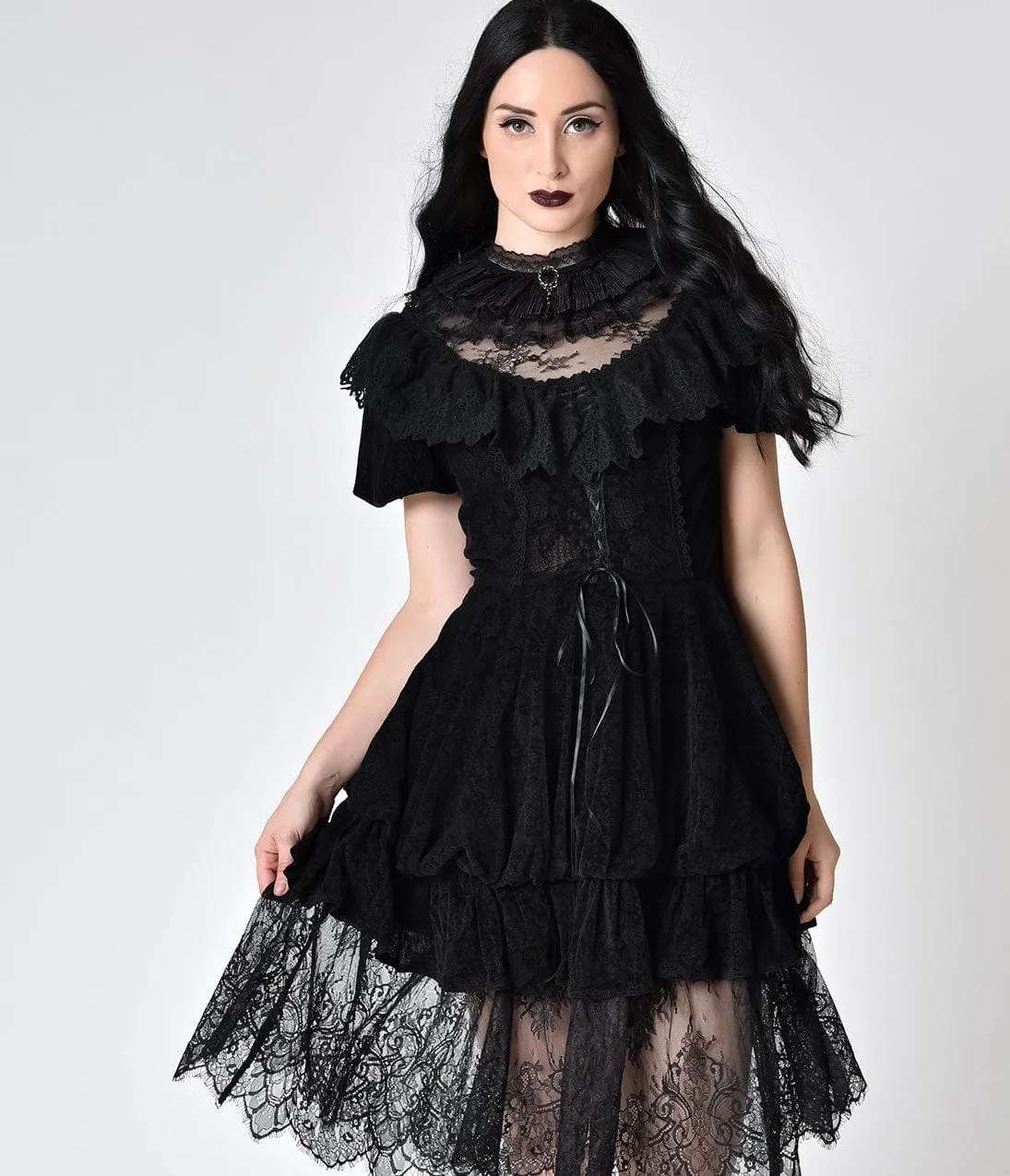Victorian Style Black Lace & Velvet High Collar Short Sleeve Dress sold by Unique Vintage product image thumbnail 4