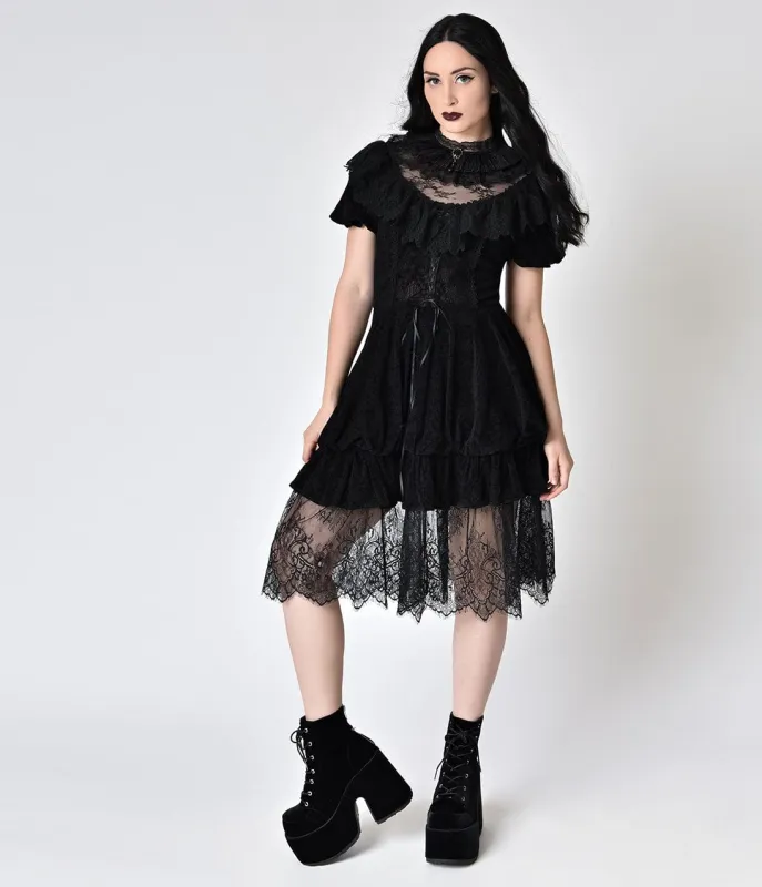Victorian Style Black Lace & Velvet High Collar Short Sleeve Dress made by Unique Vintage