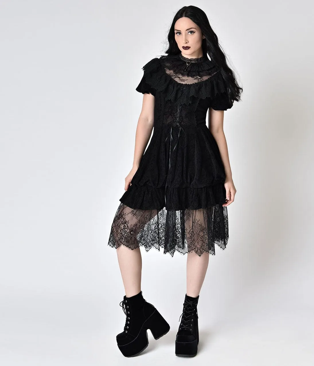 Victorian Style Black Lace & Velvet High Collar Short Sleeve Dress sold by Unique Vintage