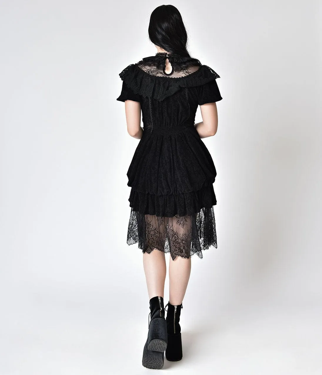 Victorian Style Black Lace & Velvet High Collar Short Sleeve Dress sold by Unique Vintage product image thumbnail 5