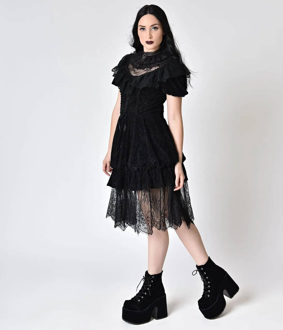 Victorian Style Black Lace & Velvet High Collar Short Sleeve Dress sold by Unique Vintage product image thumbnail 2