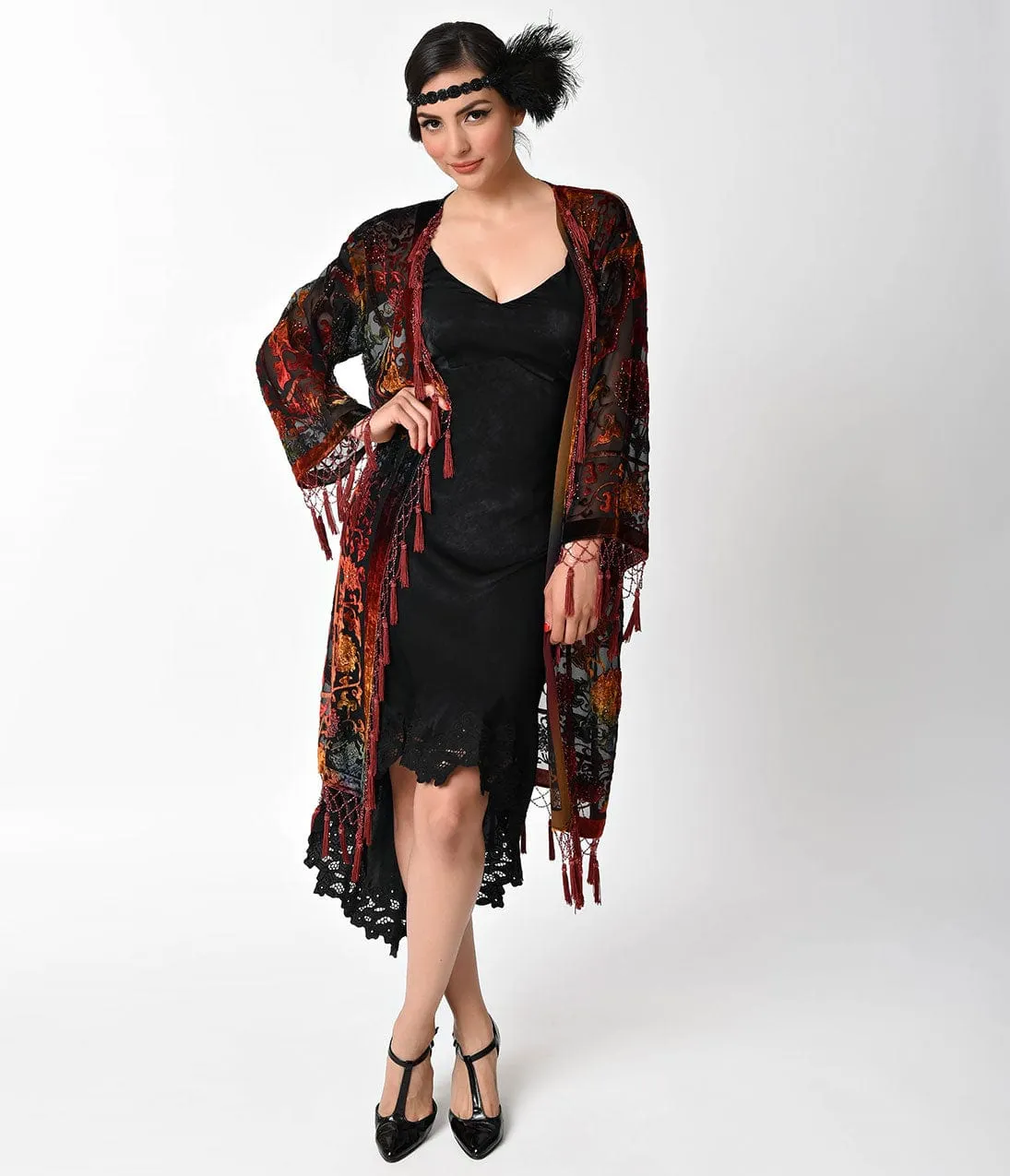 Vintage Style Burgundy & Rainbow Deco Burnout Velvet Scarf Coat sold by Unique Vintage product image thumbnail 5