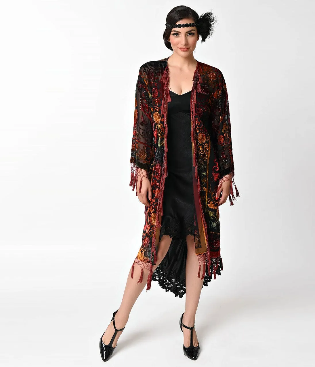 Vintage Style Burgundy & Rainbow Deco Burnout Velvet Scarf Coat sold by Unique Vintage