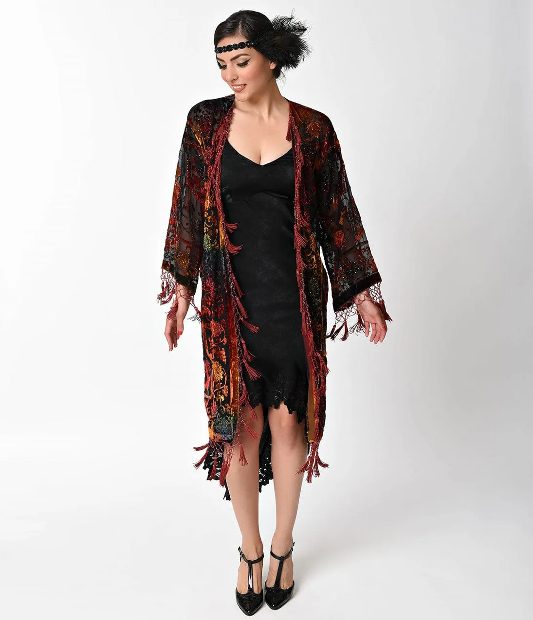 Vintage Style Burgundy & Rainbow Deco Burnout Velvet Scarf Coat sold by Unique Vintage product image thumbnail 4