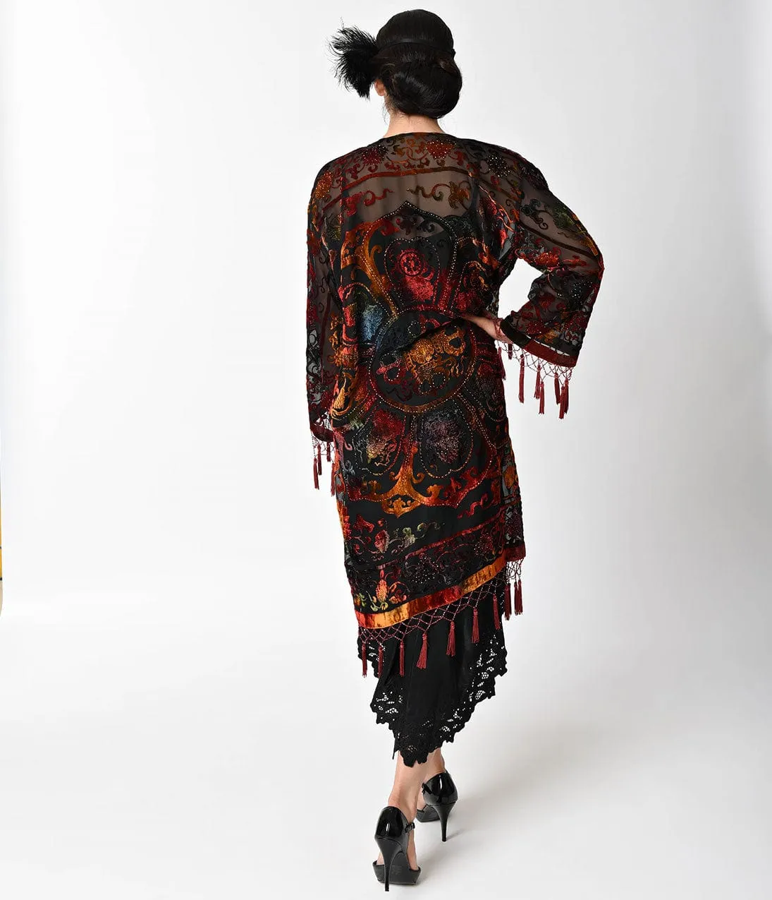 Vintage Style Burgundy & Rainbow Deco Burnout Velvet Scarf Coat sold by Unique Vintage product image thumbnail 2